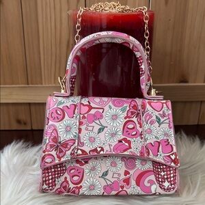 Pink Floral & Peace Sign Mini Top-Handle Bag